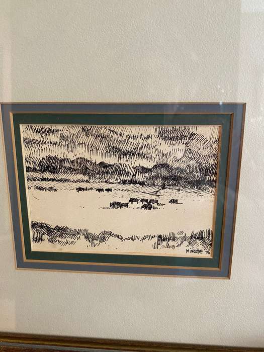 Original Minette van Rooyen  pen and ink drawing of cattle grazing